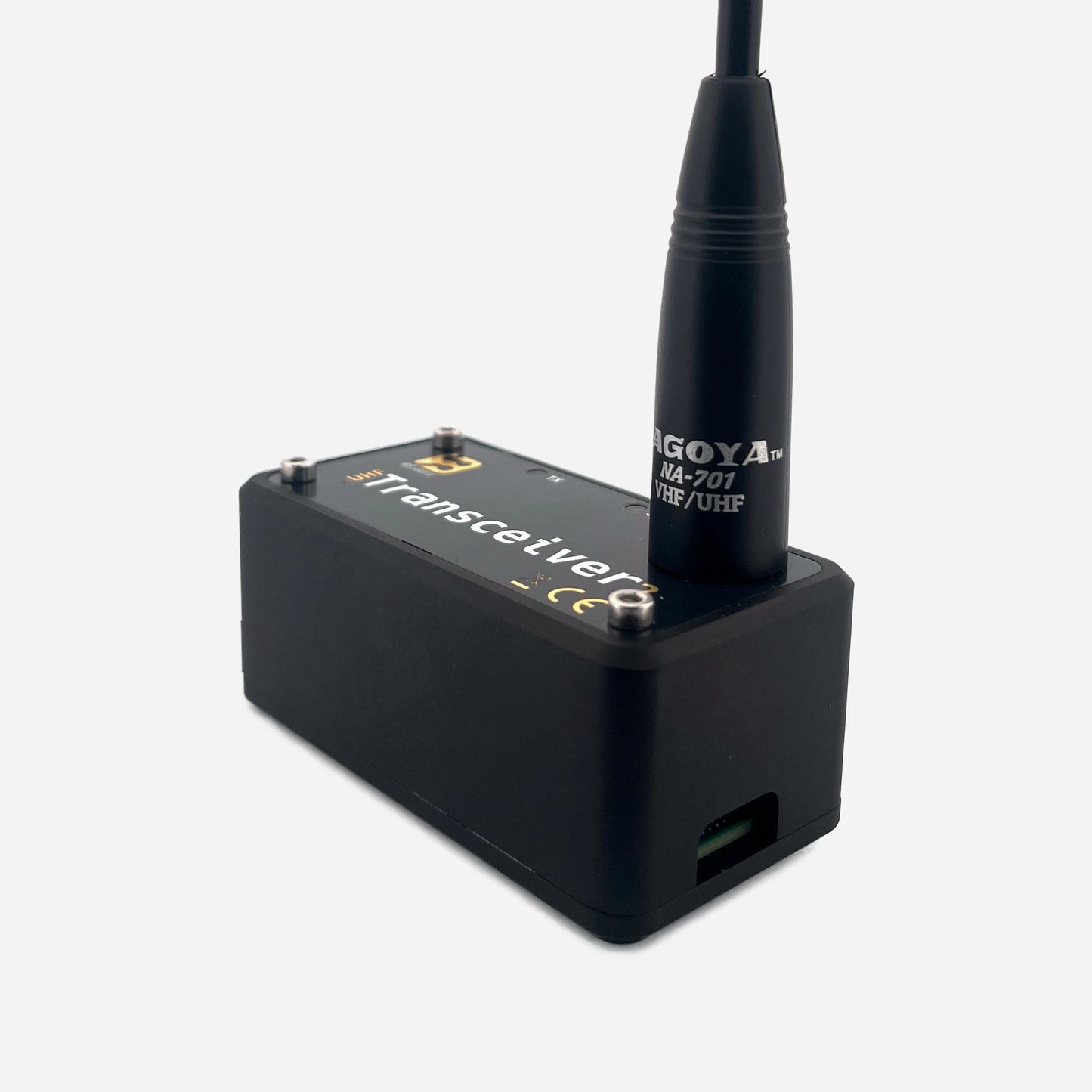 A compact device housed in a black aluminium enclosure, featuring a UHF antenna, designed to function as an EchoLink/SVXLink analog transceiver.