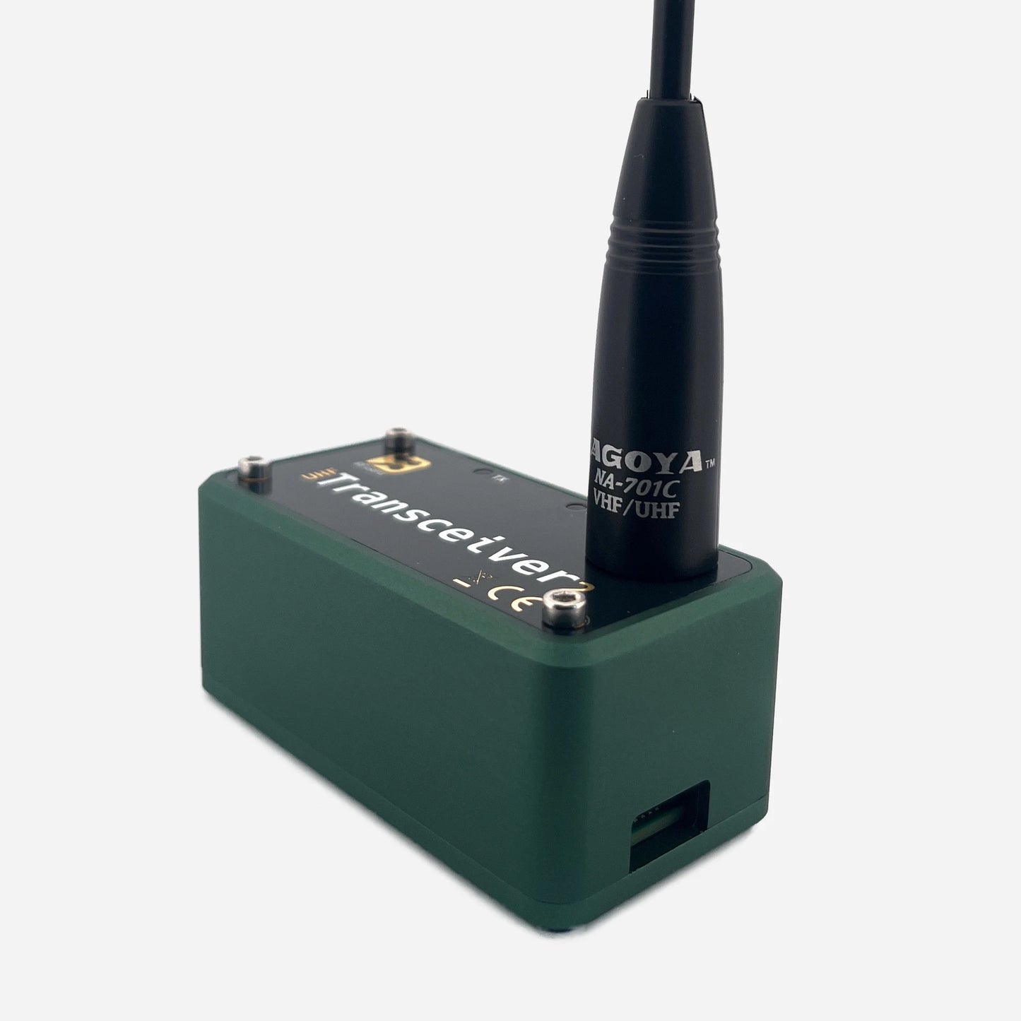 A compact device housed in a dark green aluminium enclosure, featuring a UHF antenna, designed to function as an EchoLink/SVXLink analog transceiver.