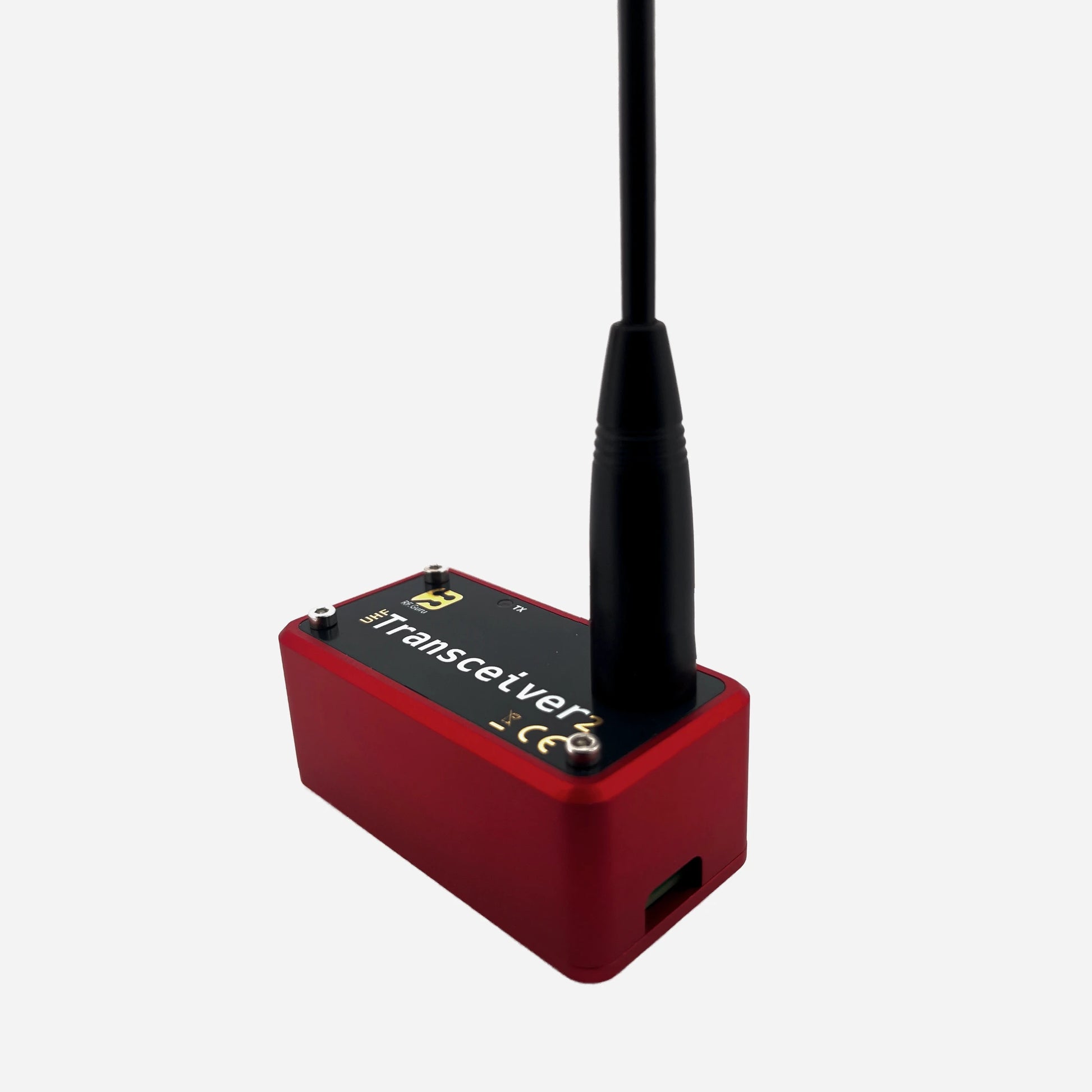 A compact device housed in a red aluminium enclosure, featuring a UHF antenna, designed to function as an EchoLink/SVXLink analog transceiver.