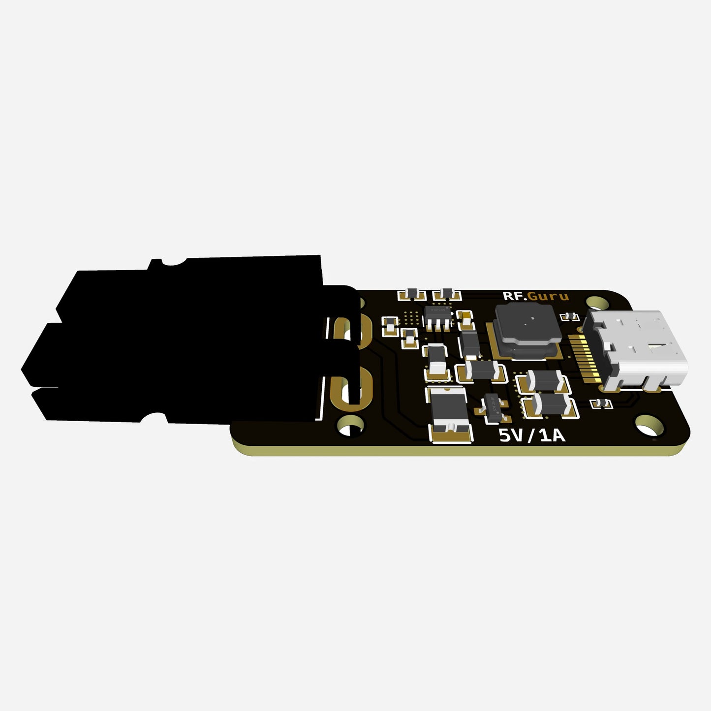 A compact printed circuit board (PCB) featuring a PowerPole connector for 12V DC input and a USB-C port for 5V/1A output, designed to efficiently convert 13.8V DC to 5V DC.