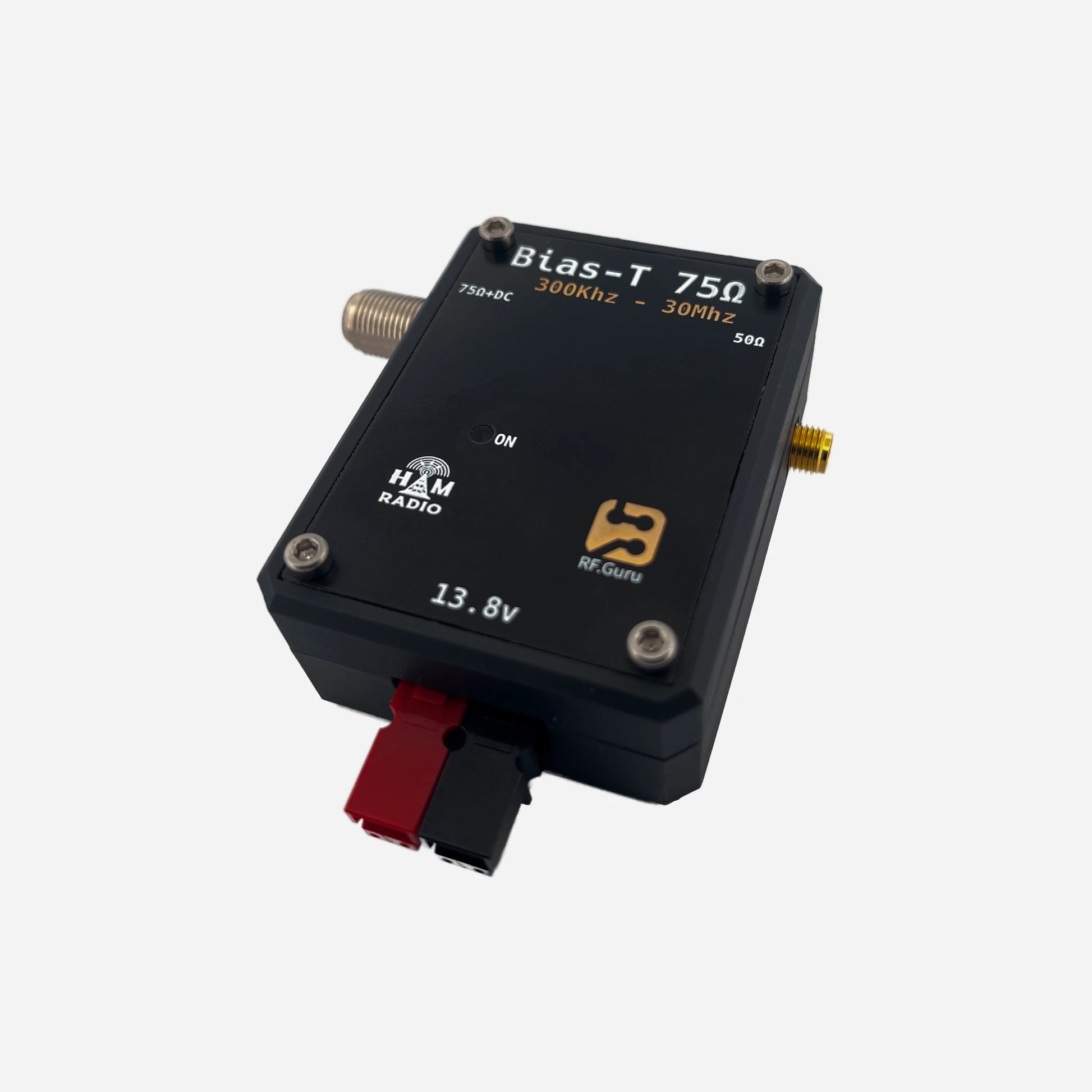 Plastic Bias-T enclosure designed to provide DC power to the OctaLoop antenna while allowing RF signal passthrough.