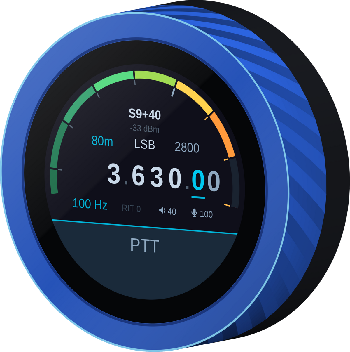 VFO-Knob Blue with AetherSDR display — rechargeable battery edition